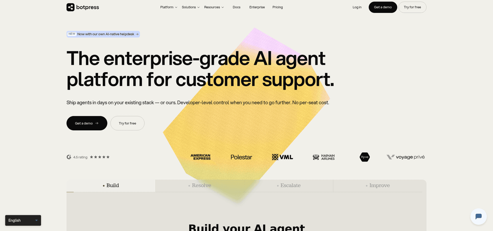 The Botpress homepage showing its enterprise-grade AI agent platform for customer support