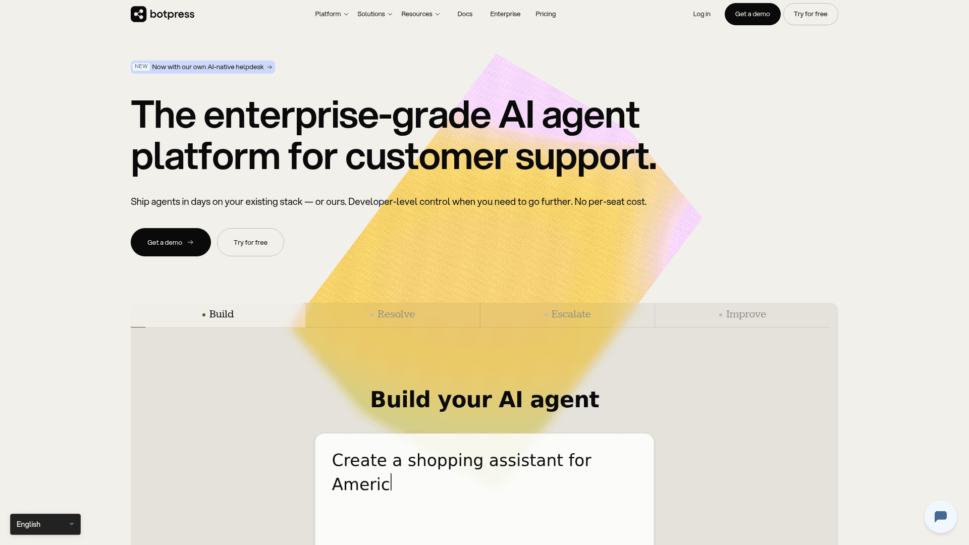 Botpress homepage - enterprise-grade AI agent platform for customer support, SOC II certified