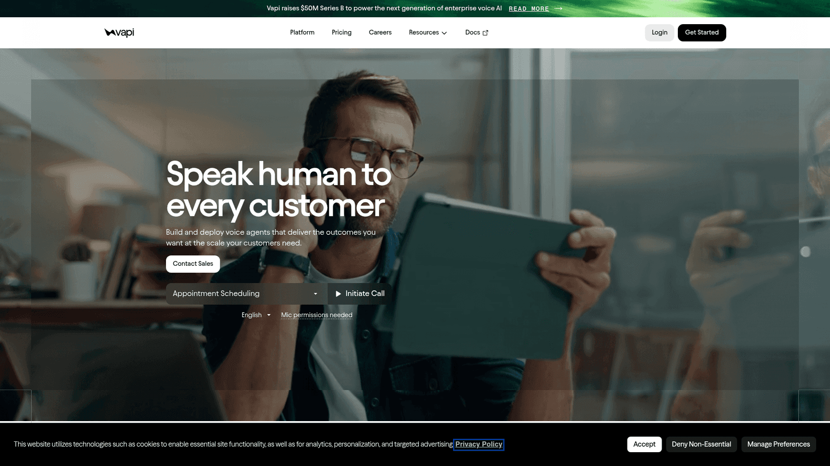 Vapi developer-focused voice AI platform homepage, as taken from Vapi