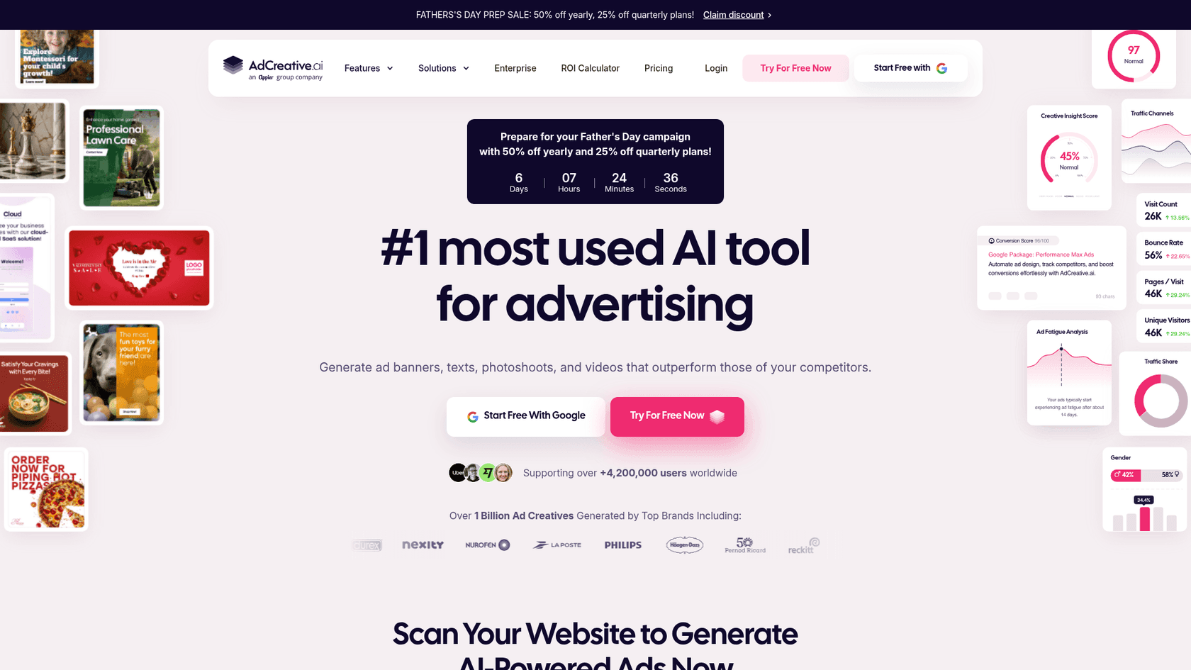 AdCreative.ai homepage showing AI-powered ad creative generation platform, as taken from AdCreative.ai