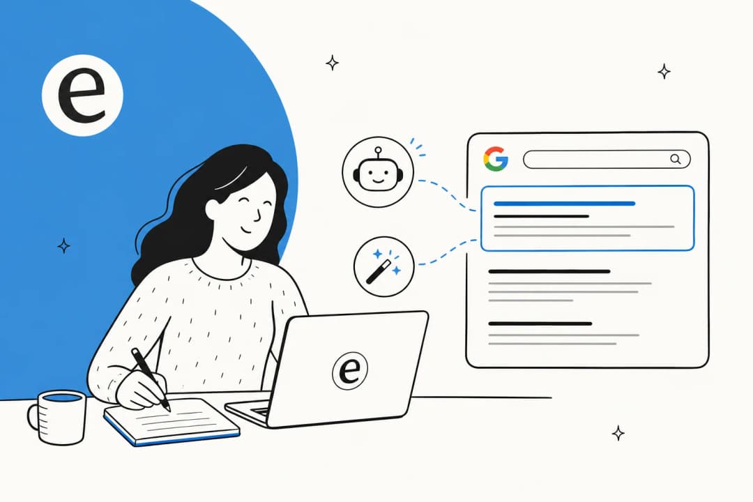 Illustration of a writer using AI to compose meta descriptions that flow into a Google search results page