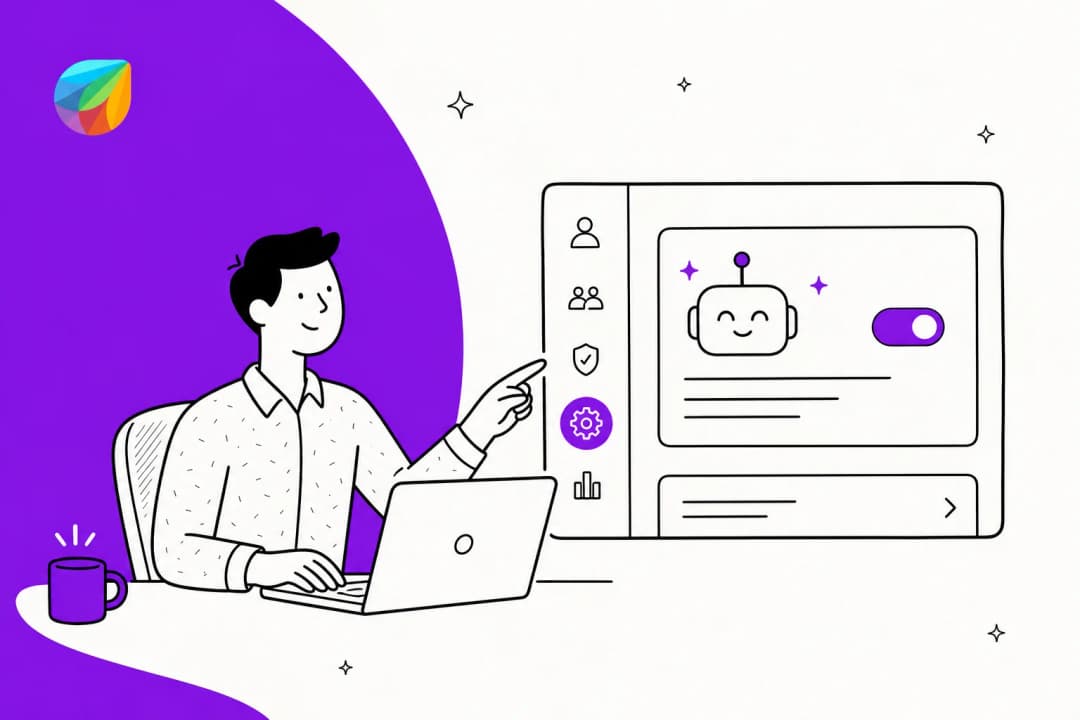 Illustration of a Freshdesk admin enabling Freddy AI in the settings panel