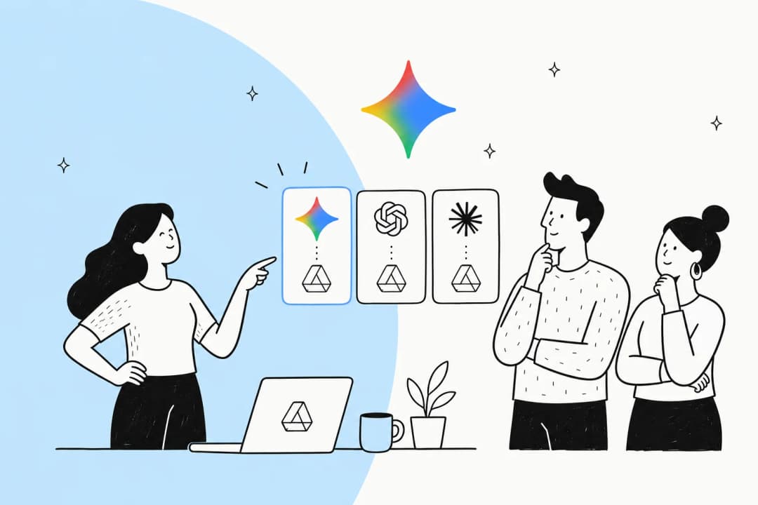 Illustration of a person comparing AI assistant options for Google Drive, marked with the Gemini sparkle
