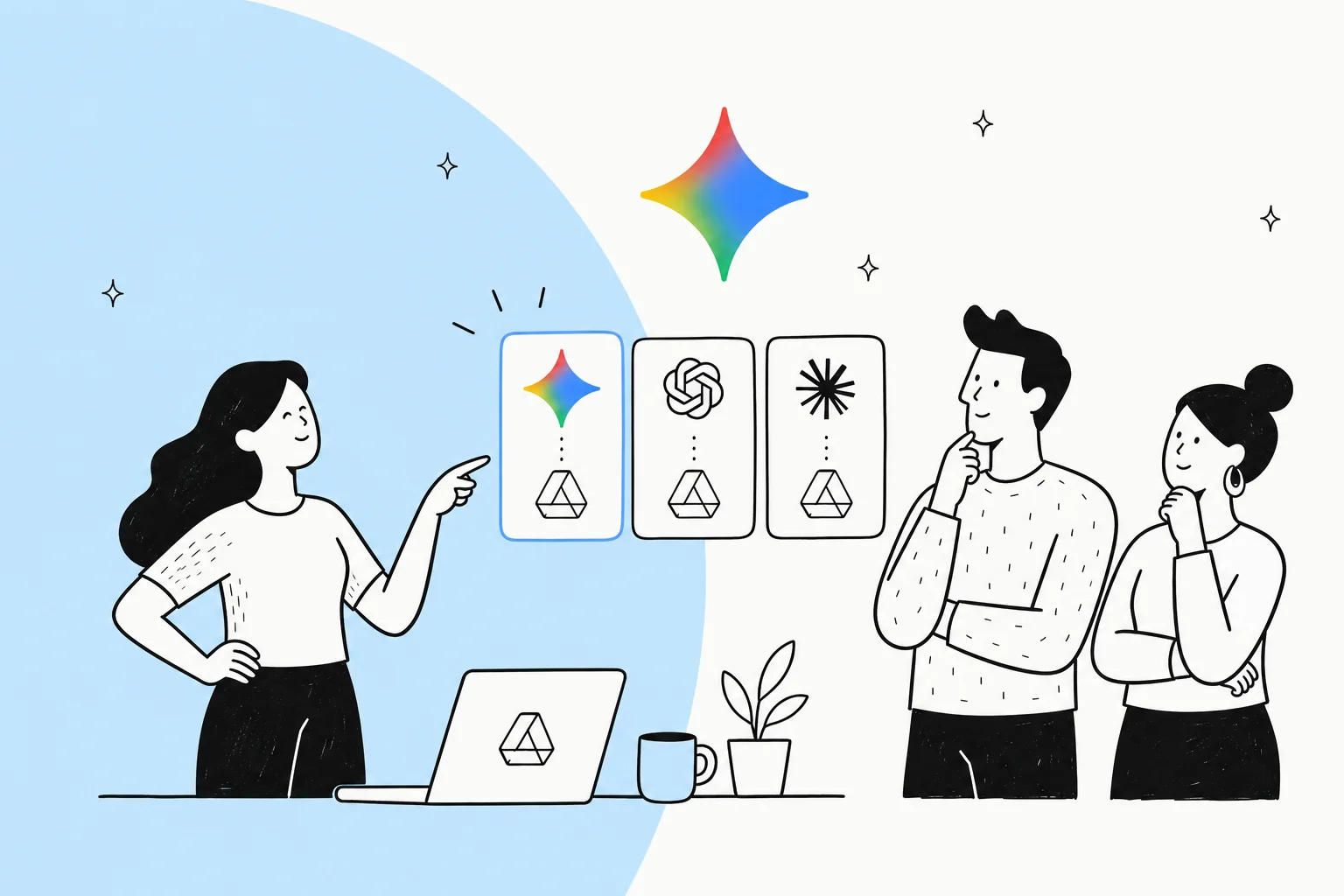 Illustration of a person comparing AI assistant options for Google Drive, marked with the Gemini sparkle