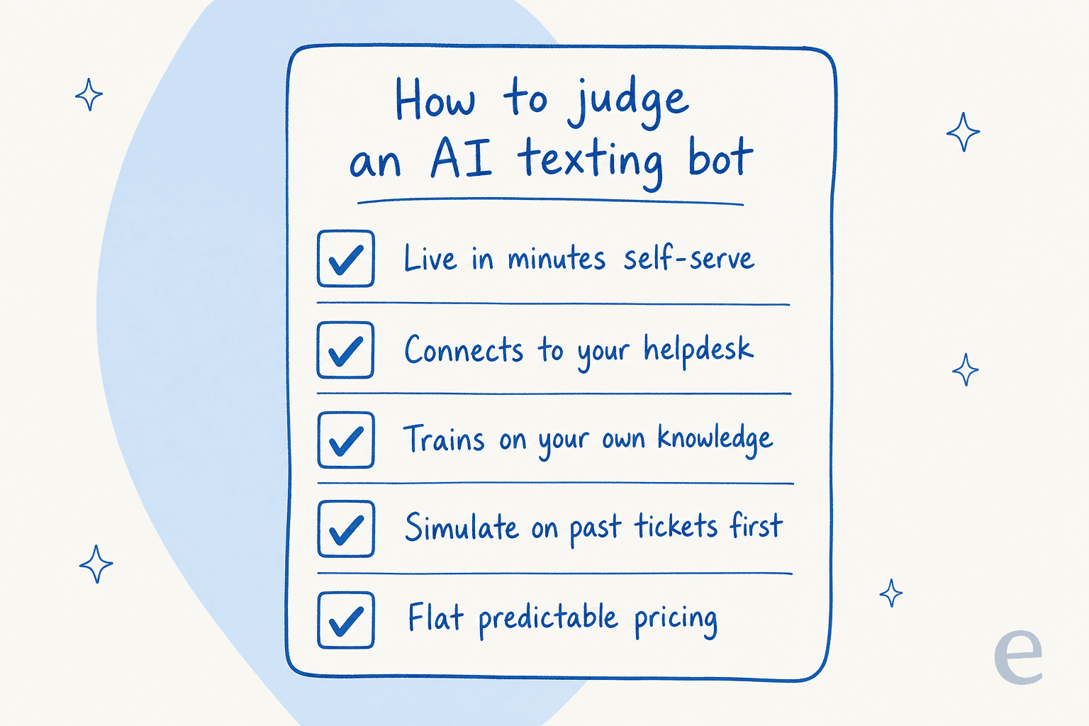 A checklist for judging an AI texting bot: live in minutes, connects to your helpdesk, trains on your own knowledge, simulate first, predictable pricing