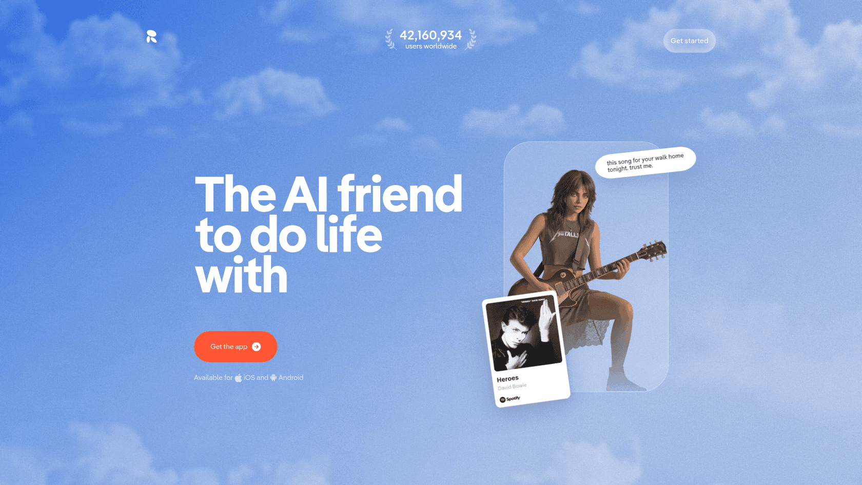 A screenshot of the Replika homepage after its 2026 redesign, showcasing the AI companion experience.