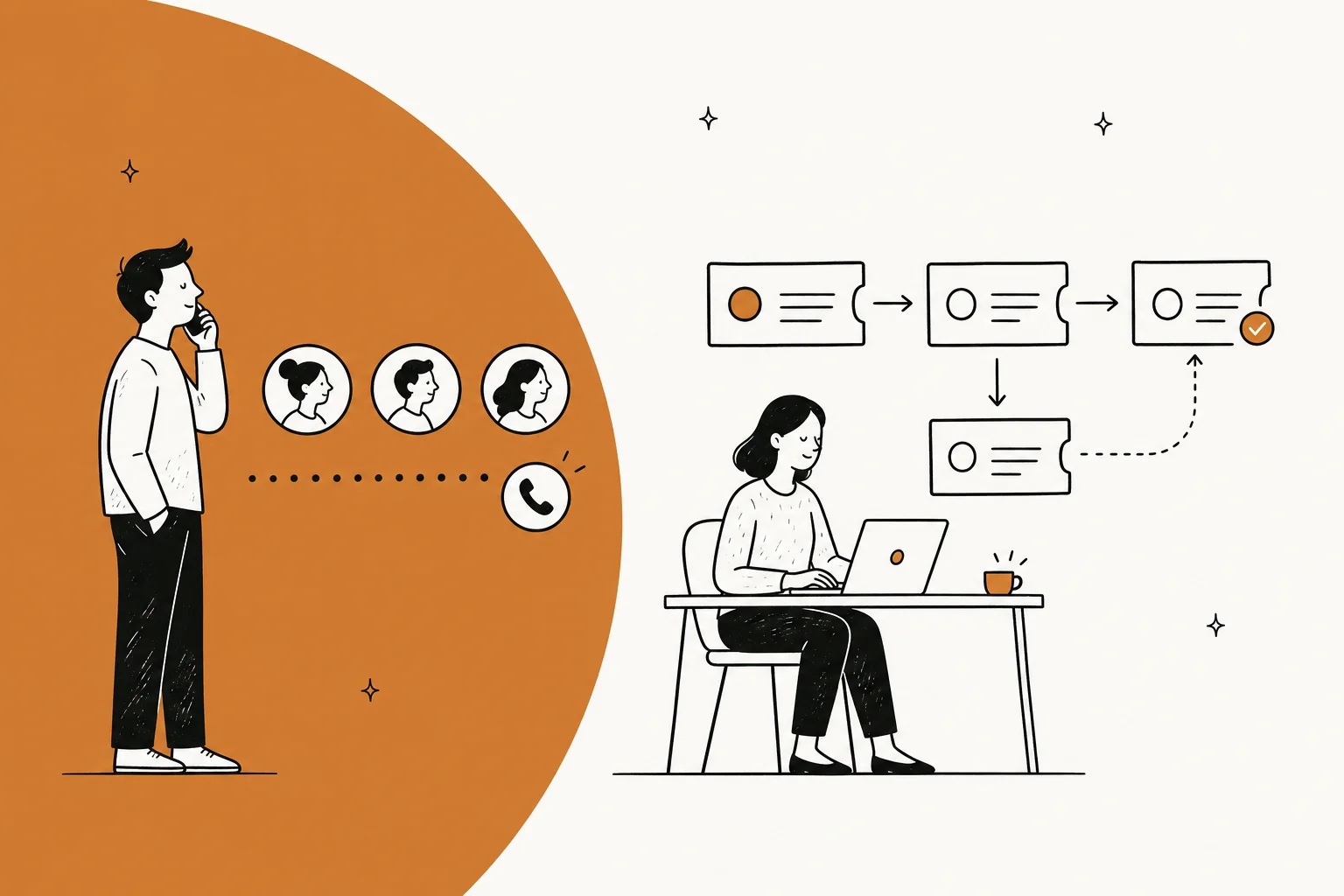 Split illustration of a man on the phone next to a woman working through a ticket queue on a laptop