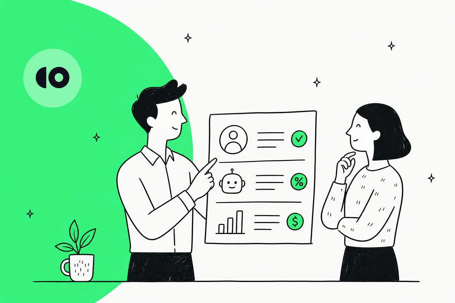 Editorial illustration of a CoSupport AI pricing breakdown, in CoSupport green