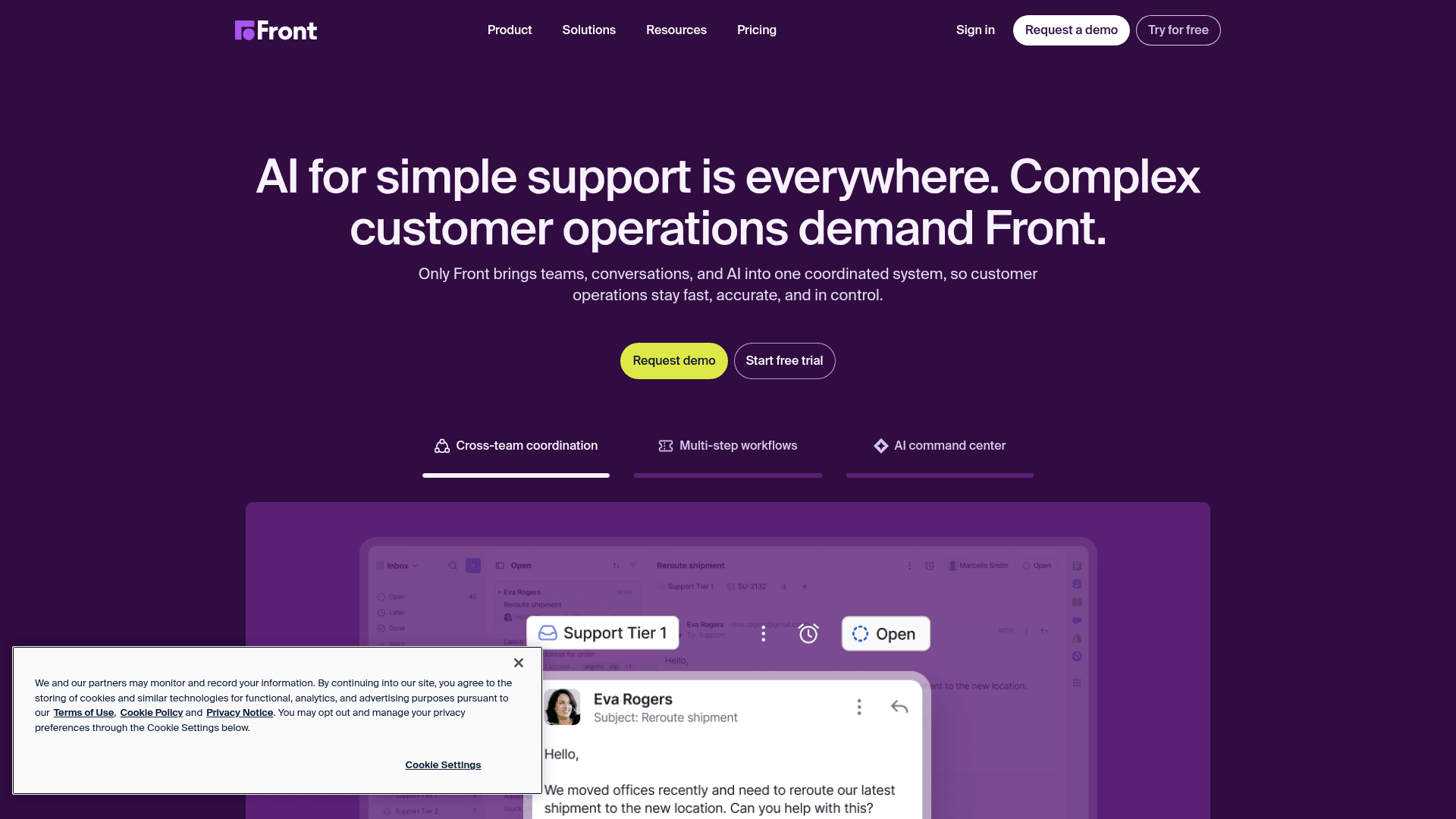 The Front homepage, a collaborative shared inbox and helpdesk platform