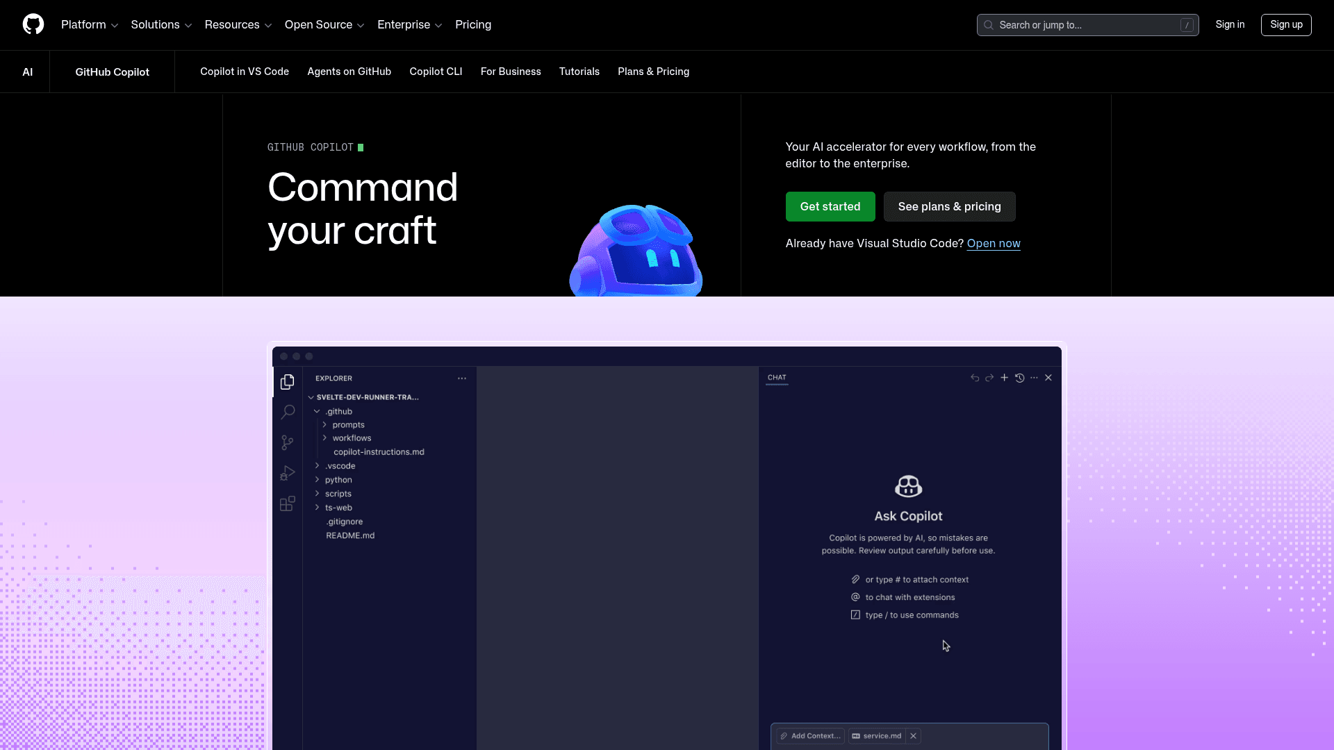 The GitHub Copilot features page, as taken from GitHub