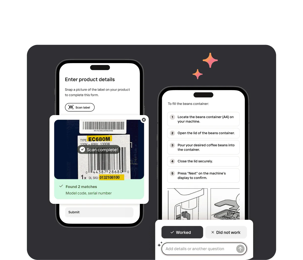 Mavenoid's Virtual Assistant scanning a product label to auto-identify the model, then walking through a step-by-step fix, as taken from Mavenoid
