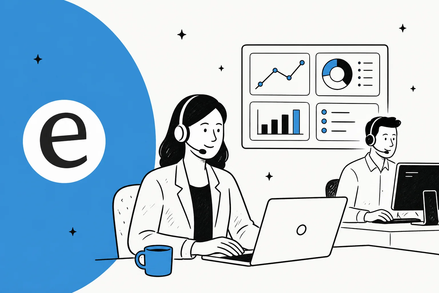 Illustrated hero for a contact center management guide in eesel blue