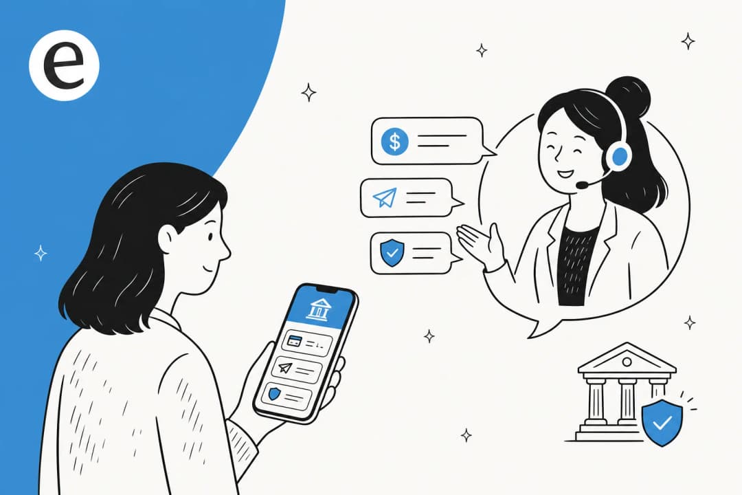 Illustration of an AI assistant helping a bank customer with balances, payments and fraud alerts inside a mobile banking app