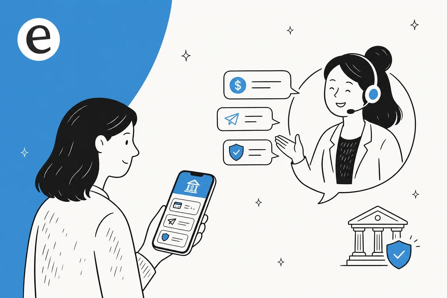 Illustration of an AI assistant helping a bank customer with balances, payments and fraud alerts inside a mobile banking app