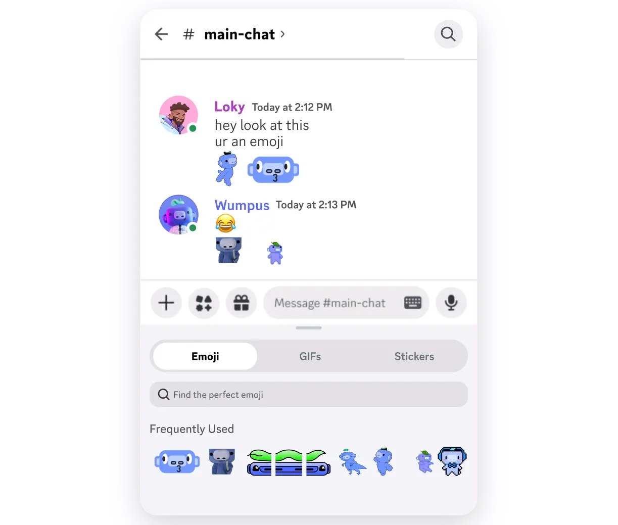 Discord mobile chat showing custom emoji and sticker picker panel with active custom stickers in conversation, as taken from Discord