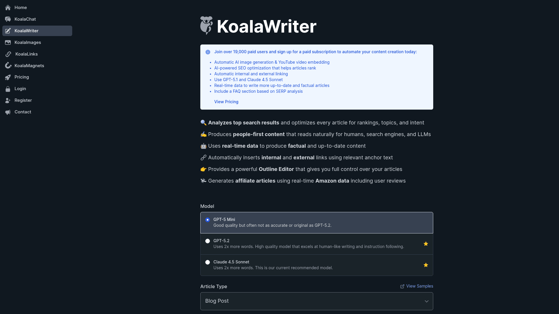 KoalaWriter interface showing the AI SEO blog post generator, as taken from KoalaWriter