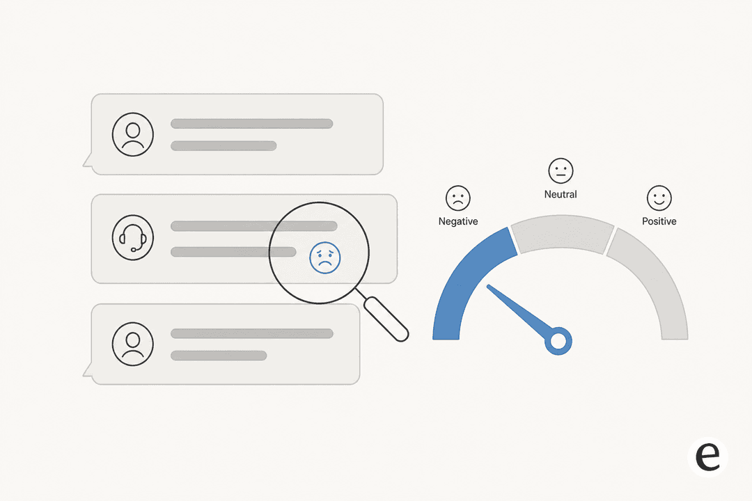 Editorial illustration of a support chat being read for emotion by a sentiment dial