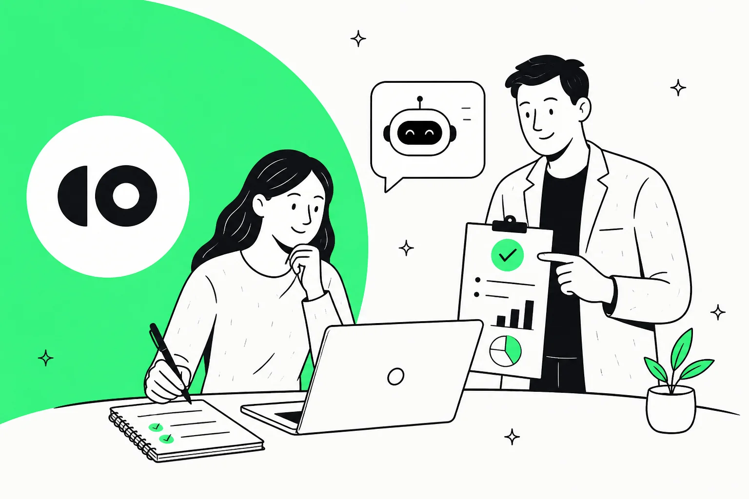 Editorial illustration of an AI customer support agent assisting a support rep, in CoSupport green