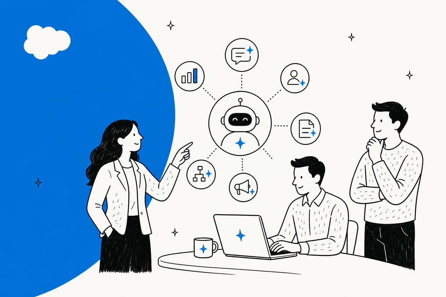 Illustrated banner showing AI tools connecting into the Salesforce platform