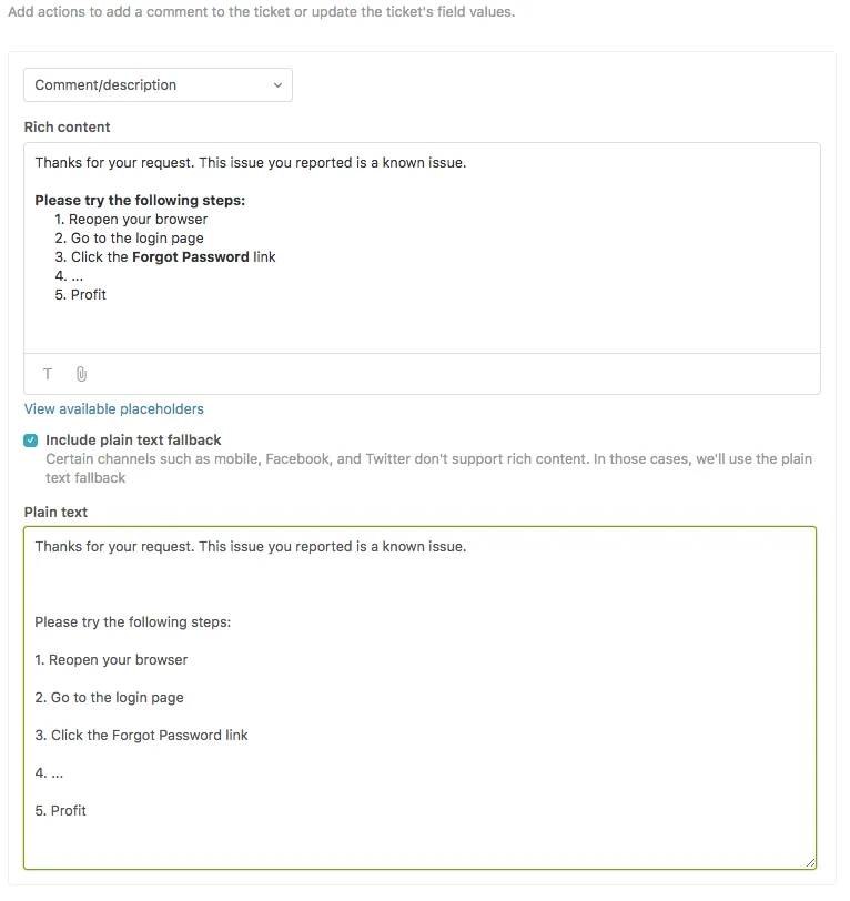 The Zendesk macro Actions builder with a Comment/description action containing rich-text reply content, as shown in Zendesk's documentation