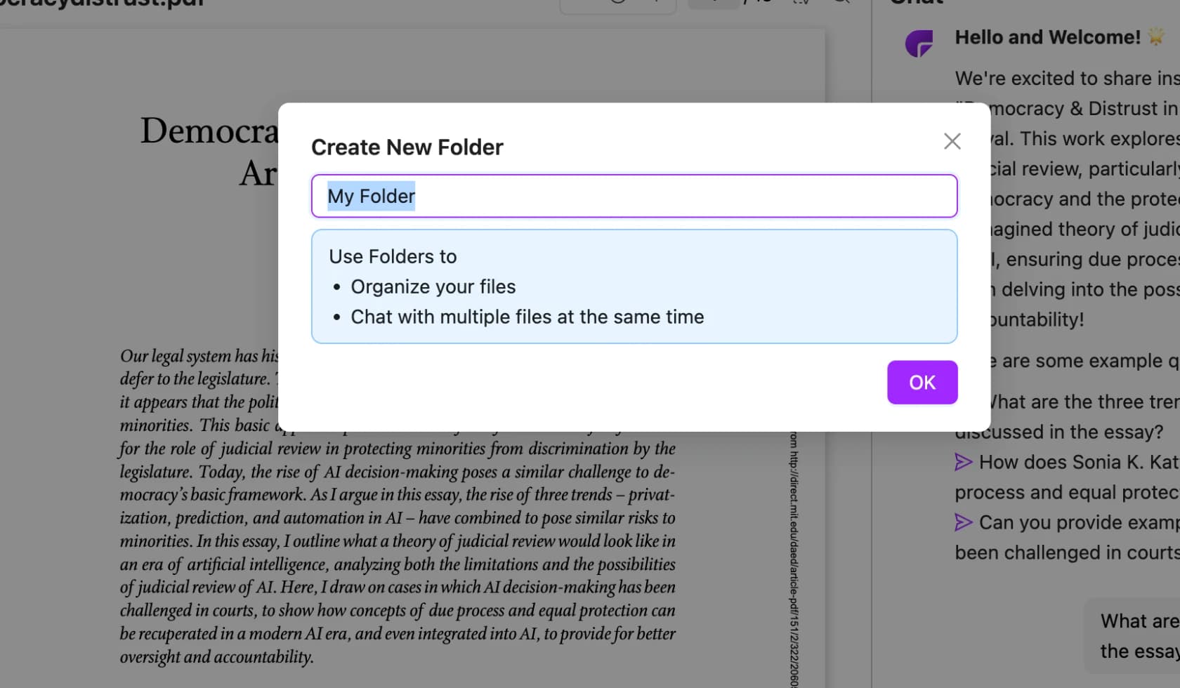 ChatPDF Folders feature for multi-document chat, as taken from ChatPDF