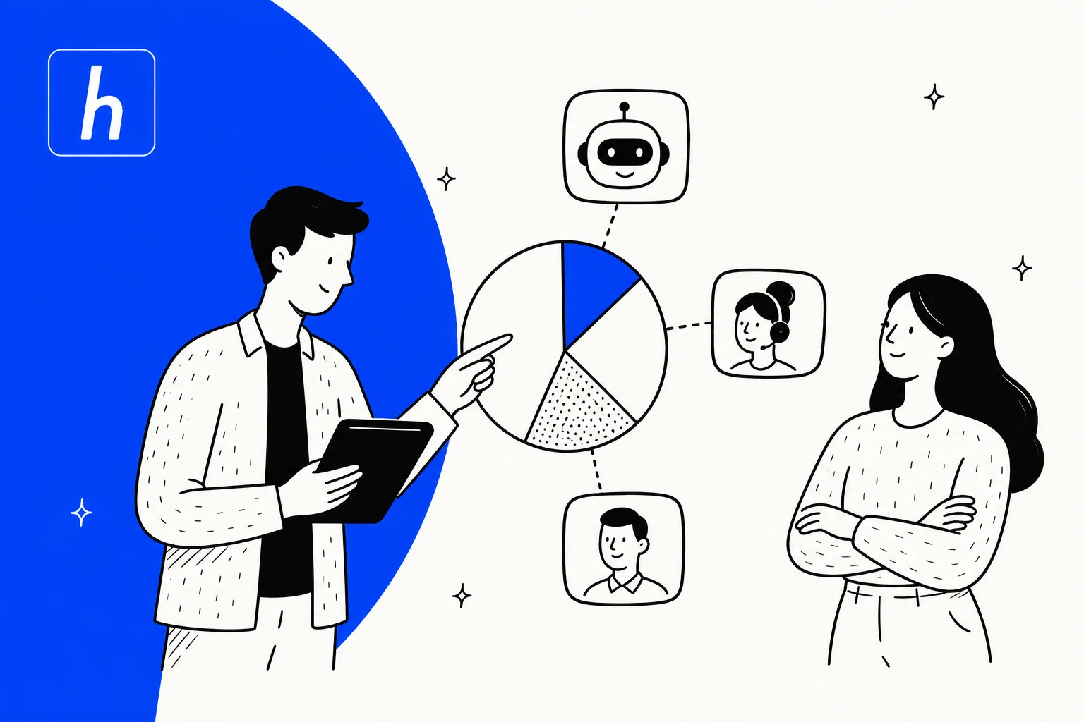 Illustration of a support analyst reviewing a deflection breakdown with a bot and two human agents