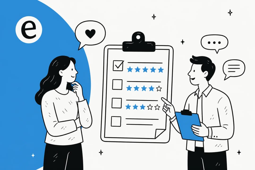 Illustrated hero banner for a customer feedback survey question samples guide, with a clipboard, rating stars, and speech bubbles