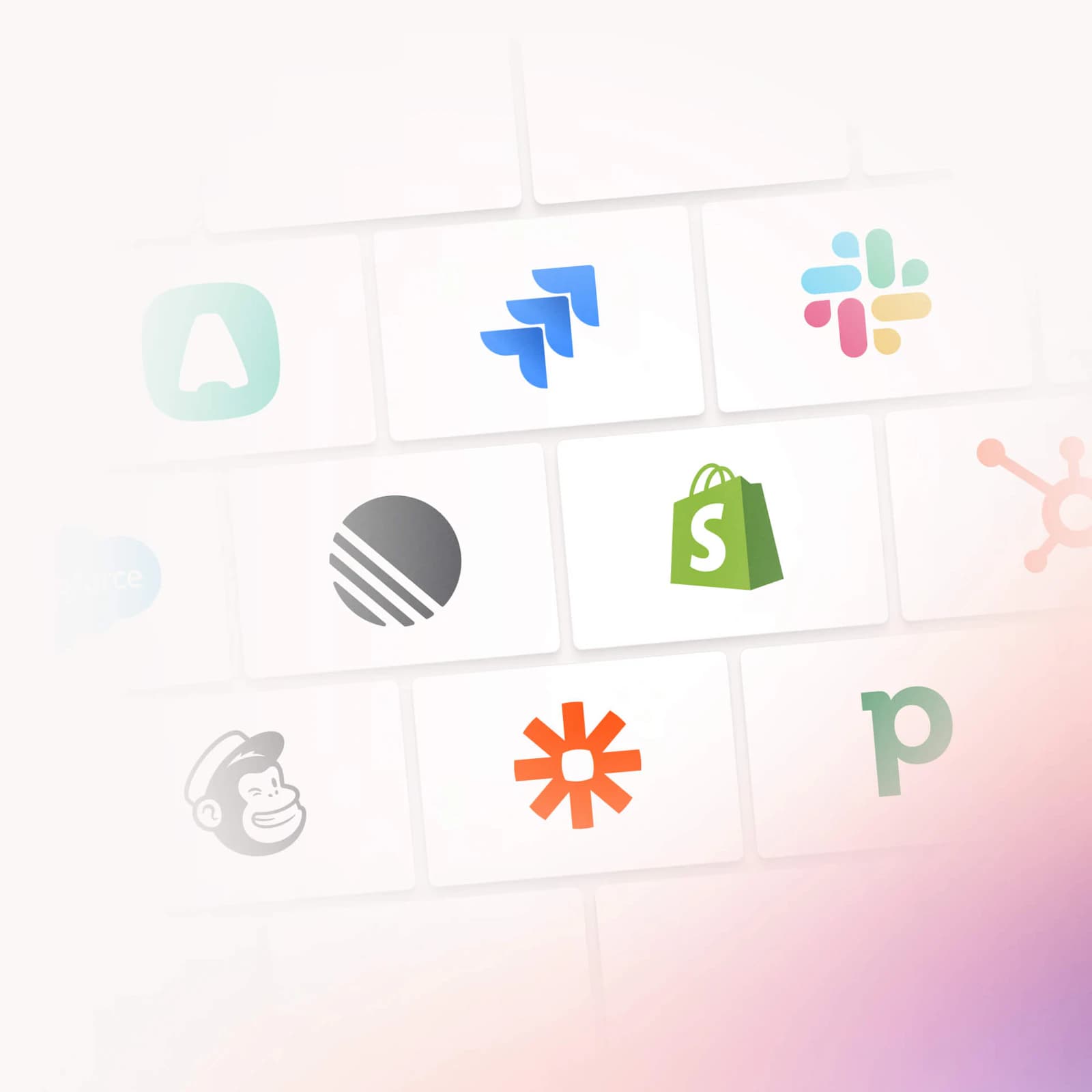 A grid of integration logos including Jira, Slack, Shopify, Mailchimp, Zapier, HubSpot and Salesforce, as taken from Help Scout
