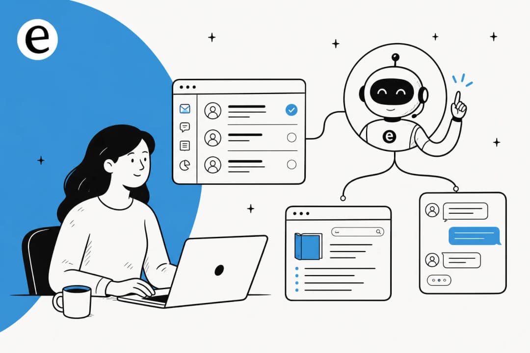 Illustration of a customer service automation platform routing tickets across a helpdesk inbox, knowledge base, and chat