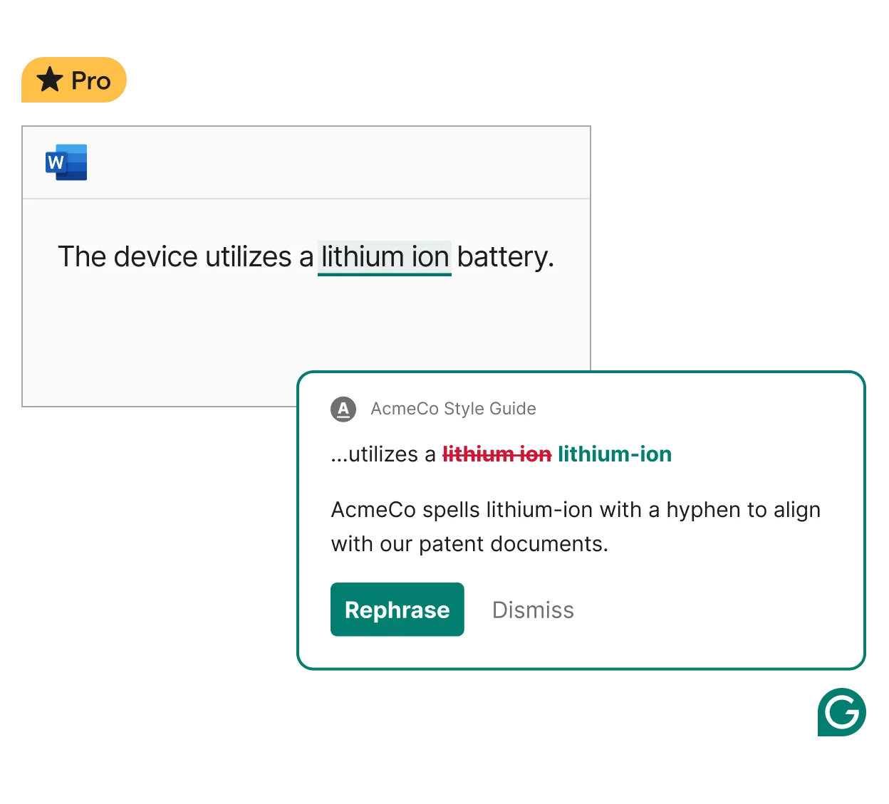 Grammarly's style guide catching 'lithium ion' in a Word document and suggesting the brand-correct hyphenated spelling 'lithium-ion', as taken from Grammarly