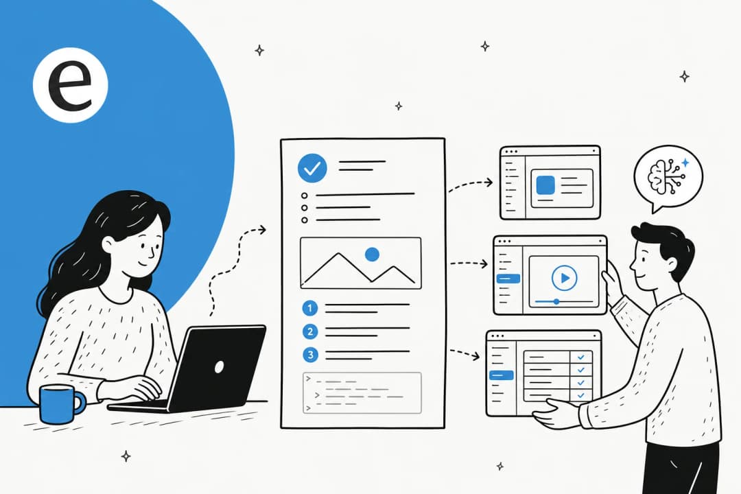 Illustration of a tutorial document being assembled from steps and product screenshots in eesel blue