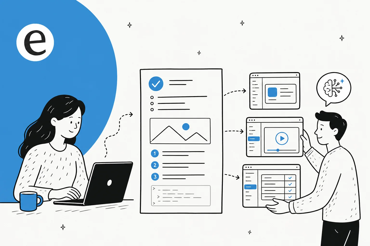 Illustration of a tutorial document being assembled from steps and product screenshots in eesel blue