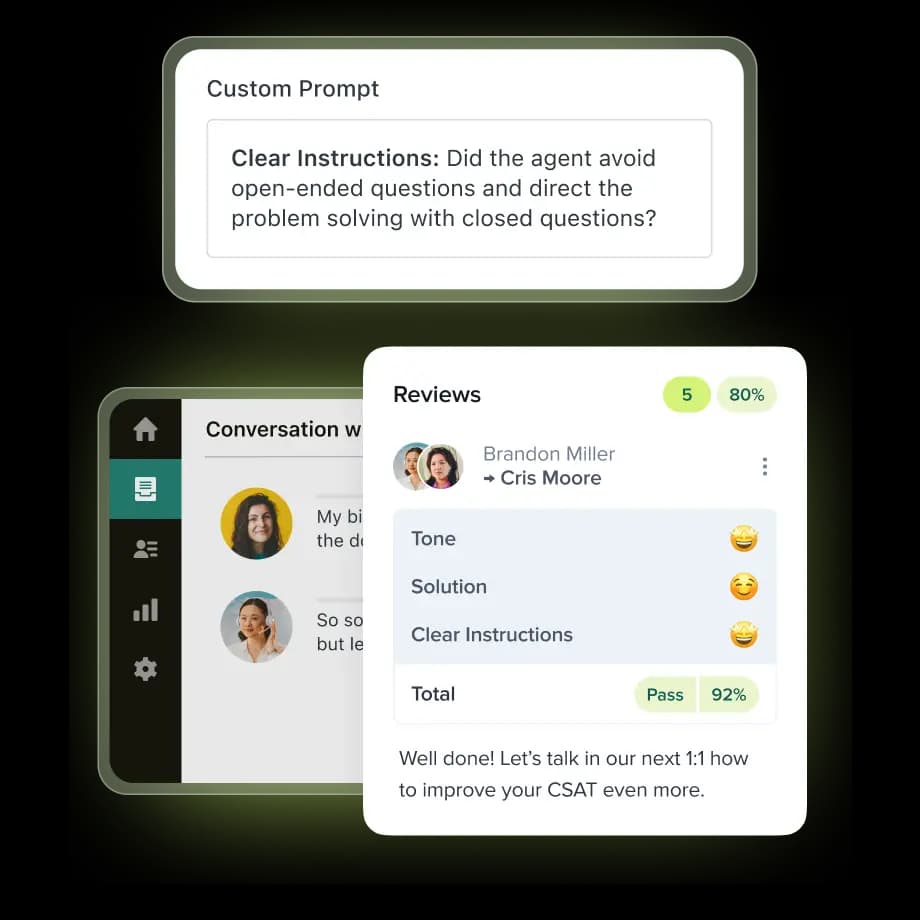 AutoQA scoring a conversation against custom prompt categories like Tone, Solution, and Clear Instructions, landing on a 92% pass score, as taken from Zendesk
