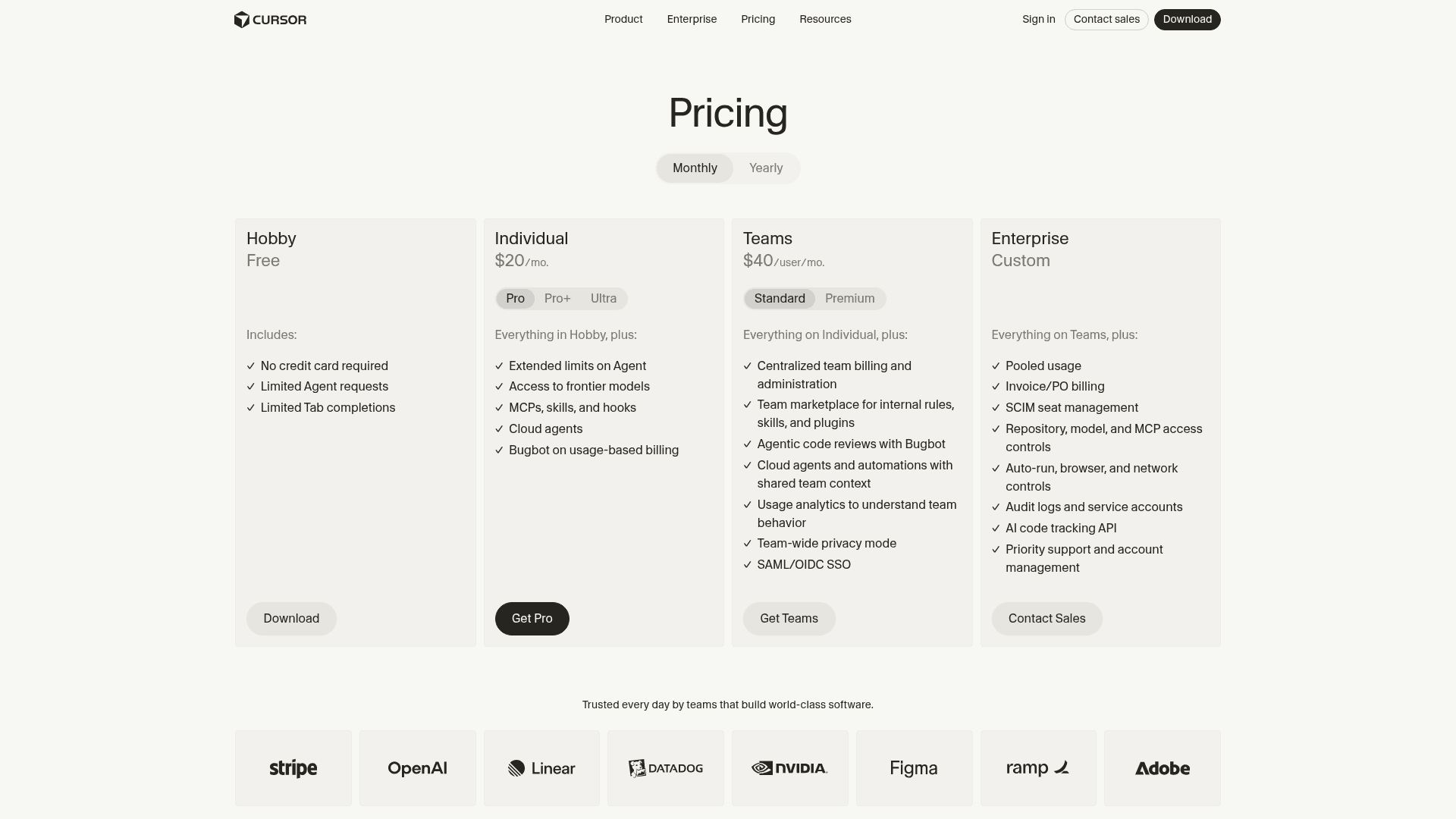 Cursor's pricing page showing the Hobby, Individual, and Teams plans, as shown on Cursor's pricing page.