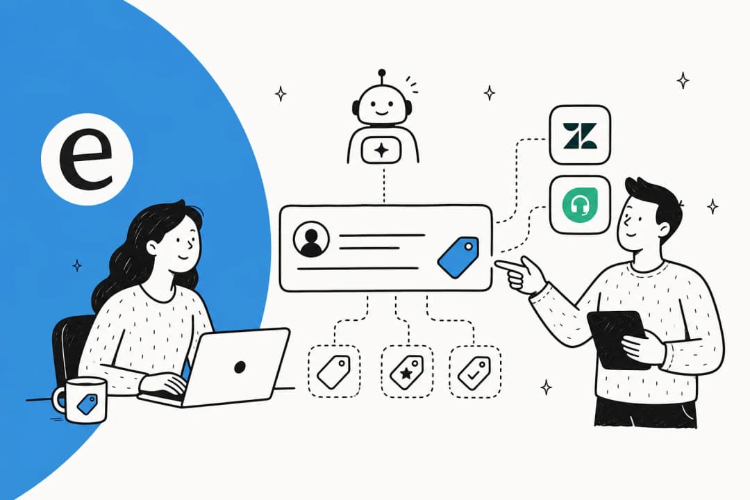 Illustration of a support agent and AI categorizing a support ticket with tags, with Zendesk and Freshdesk logos