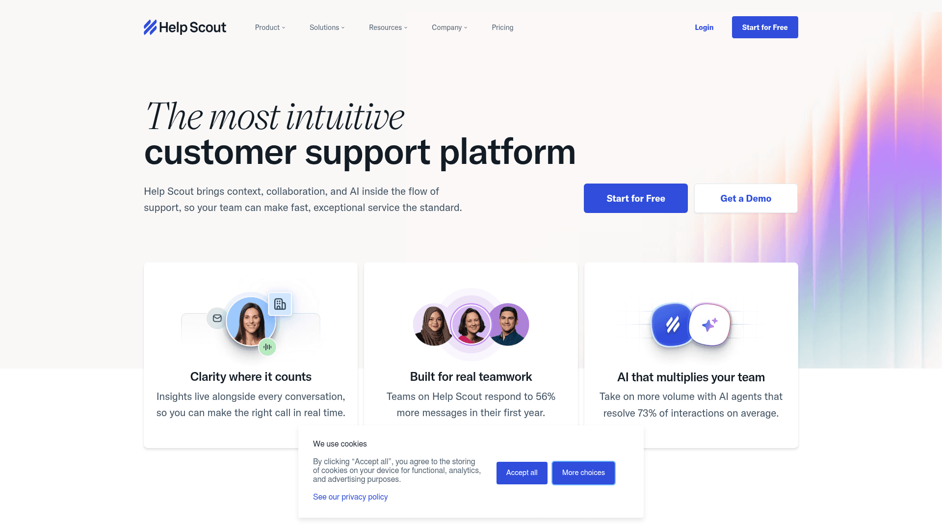 The Help Scout homepage, a customer support platform for small relationship-driven teams