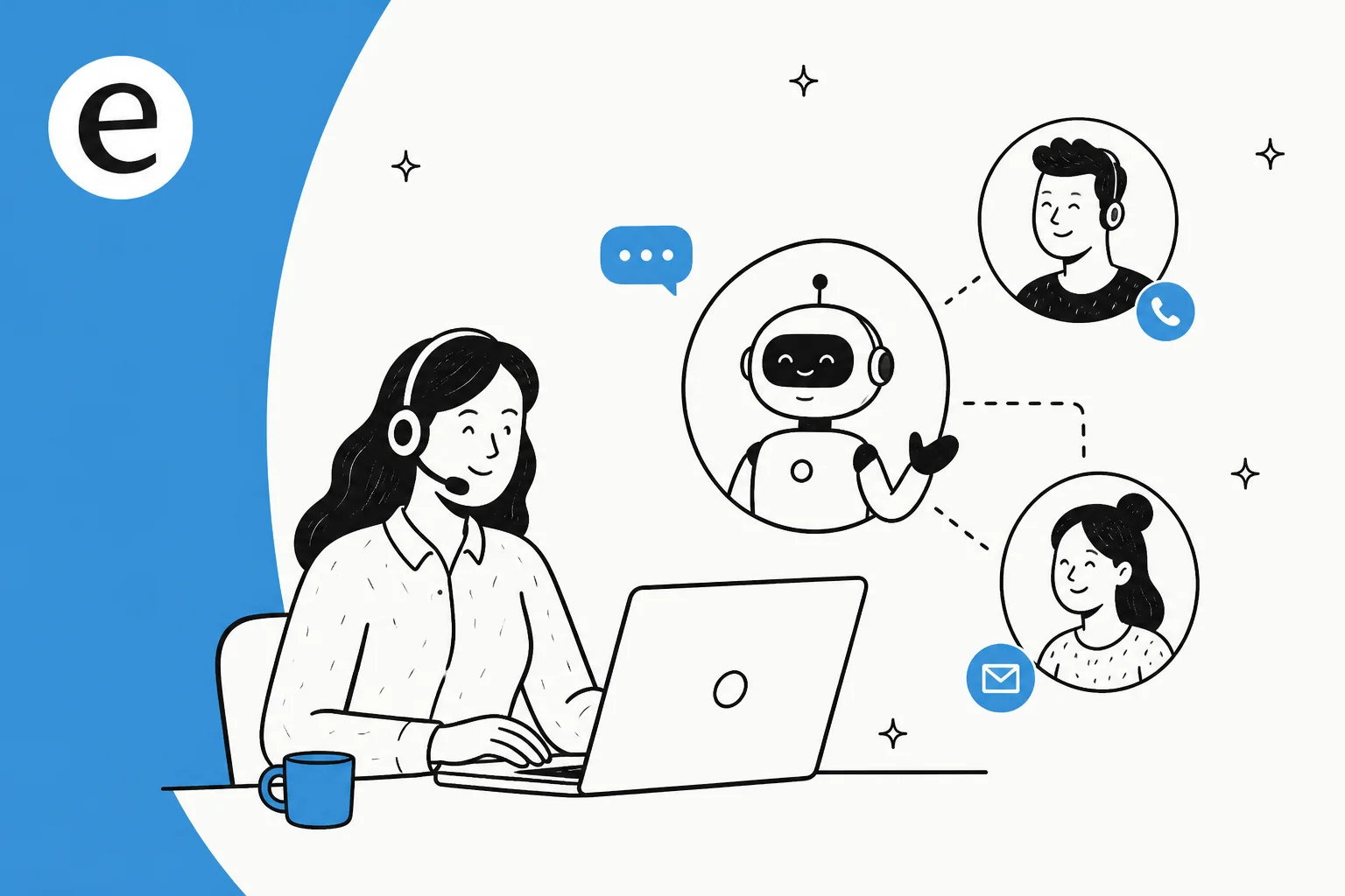 Illustration of AI tools handling telecom customer support across phone, chat, and billing