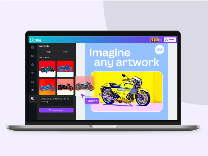 Canva editor open with Magic Media AI sidebar showing text-to-image generation for "blue vintage motorcycle on a red backdrop"