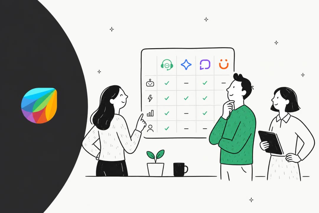 Two people comparing a feature grid of Freshdesk AI alternatives