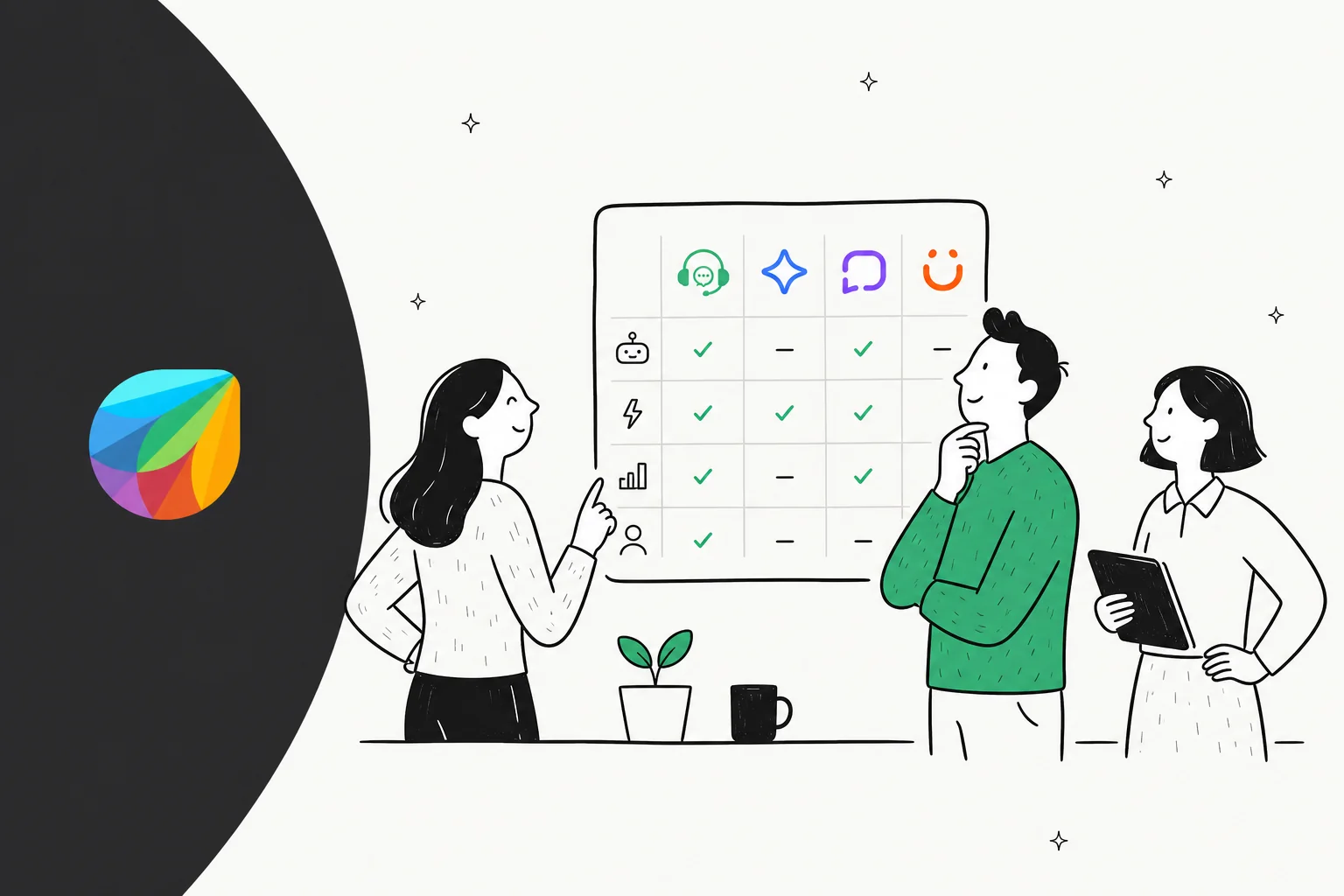 Two people comparing a feature grid of Freshdesk AI alternatives