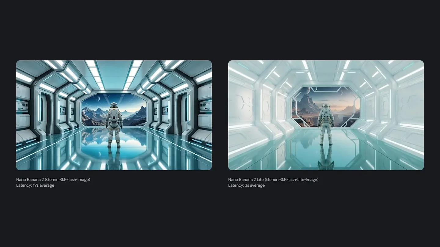 A 2-panel comparison of a futuristic astronaut standing in a white corridor looking out at an alien mountain landscape, comparing Nano Banana 2's 19-second generation against Nano Banana 2 Lite's 3-second generation, as taken from Google DeepMind's model page