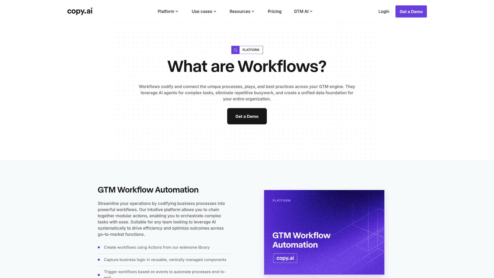 Copy.ai Workflows platform page showing automated GTM pipeline steps, as taken from Copy.ai