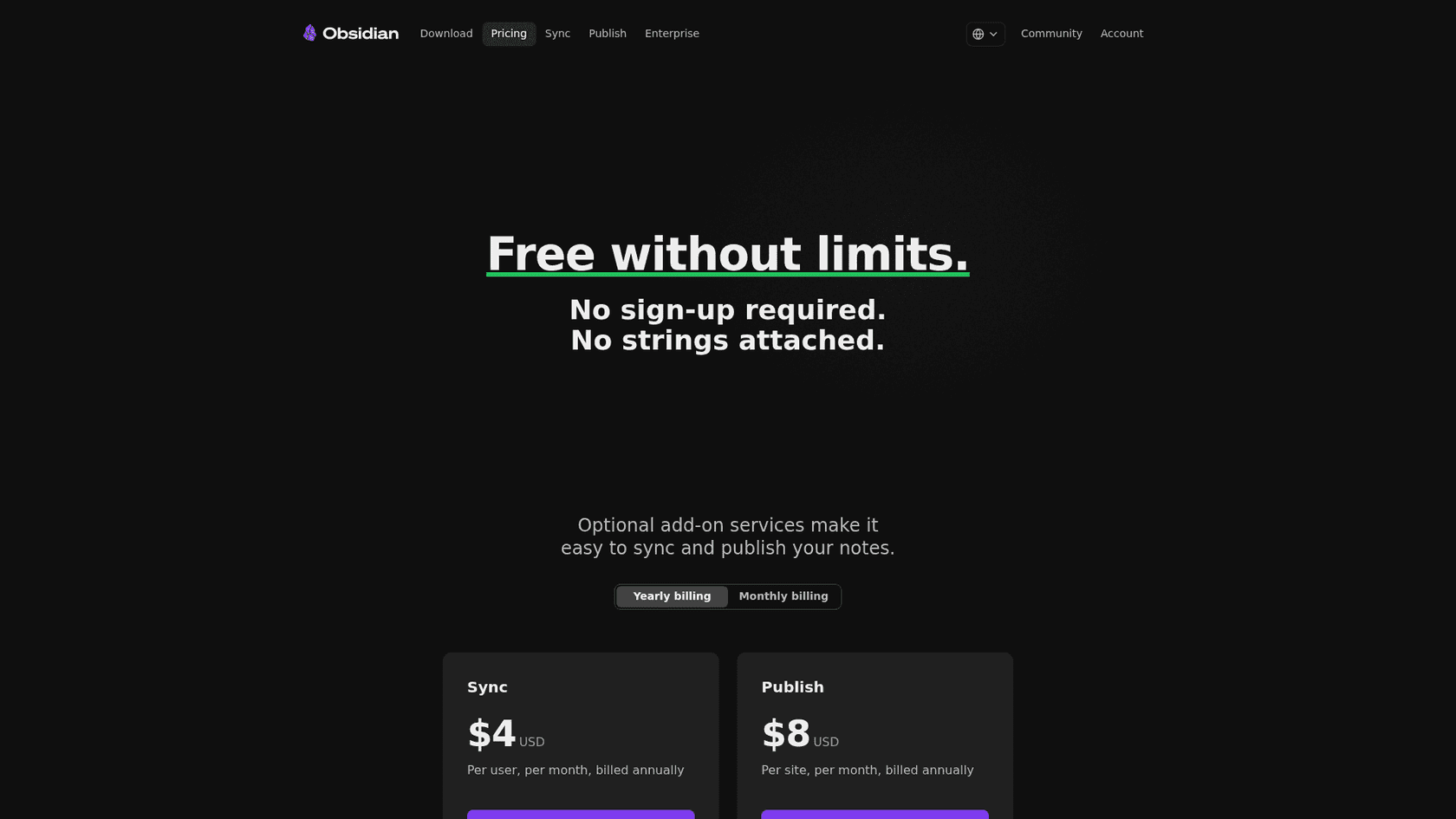 Obsidian's 2026 pricing page showing the single Sync plan, Publish, Catalyst, and Commercial license, as taken from Obsidian