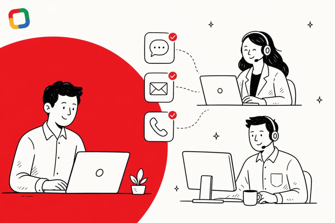 Illustration of a small support team working across email, chat, and phone, in Zoho red