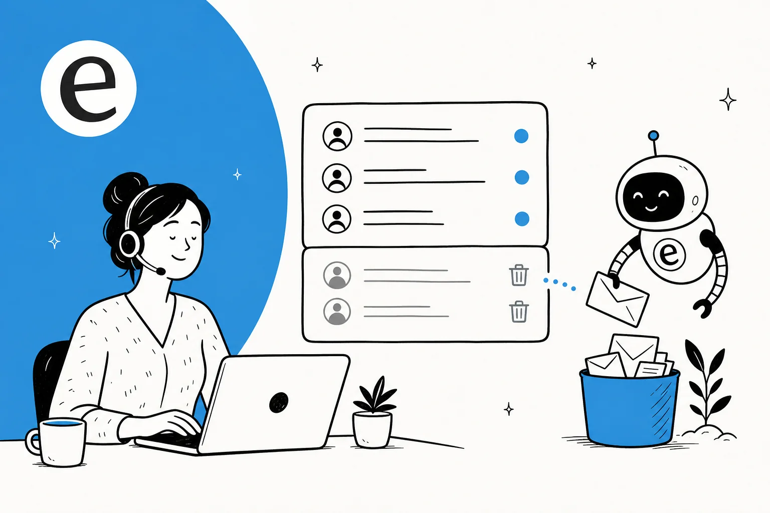 A support agent at a laptop while an AI assistant sorts spam tickets into the bin and keeps real customer tickets in the inbox