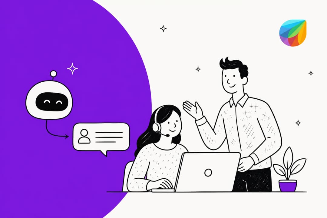 Illustration of the Freshdesk Freddy AI knowledge base feeding an AI agent