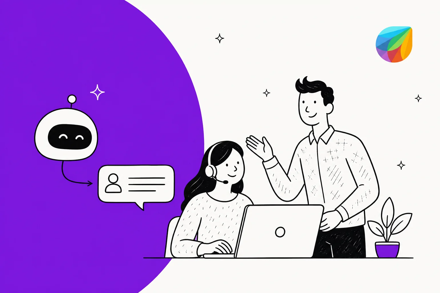 Illustration of the Freshdesk Freddy AI knowledge base feeding an AI agent