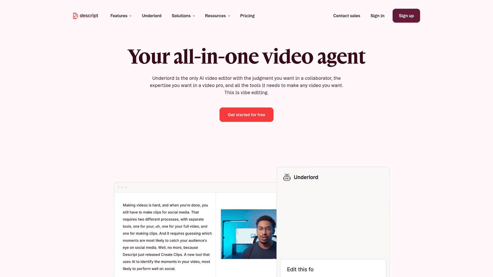 Descript's Underlord product page describing an AI video agent and writing partner, as taken from Descript