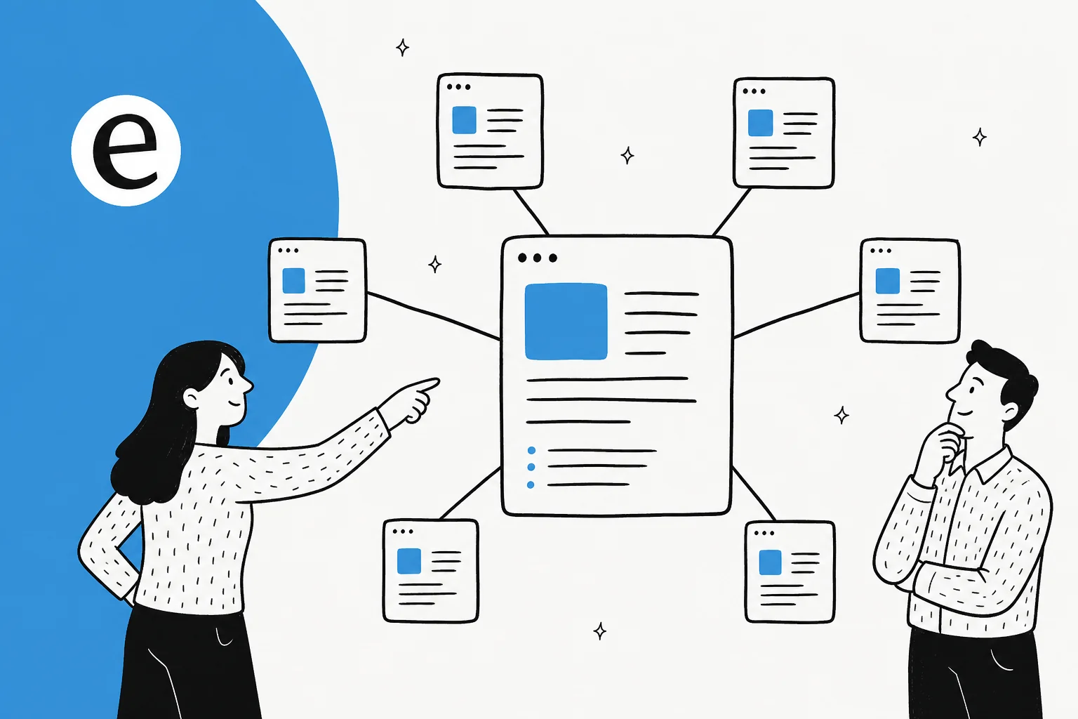 Illustrated banner showing a pillar page at the center of a topic cluster, linked to cluster pages