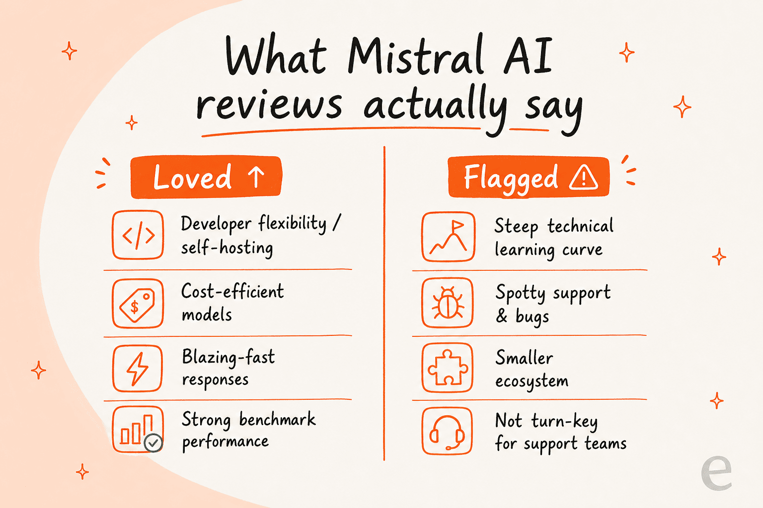 A scorecard of what Mistral AI reviews praise versus what they flag, from developer flexibility to a steep learning curve